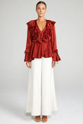 ANNA FRILL WRAP BLOUSE - BURNT RED