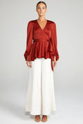 ANNA PUFF SLEEVE WRAP BLOUSE - BURNT RED