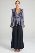 ANNA FRILL WRAP BLOUSE - CHARCOAL