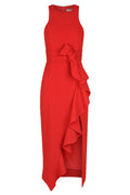 CELESTE RUFFLE FRONT FITTED MIDI DRESS - RED